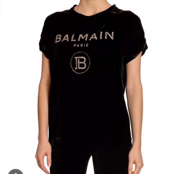Balmain Tops - BALMAIN Black Velvet Glittered Logo Top Size 34 NWT